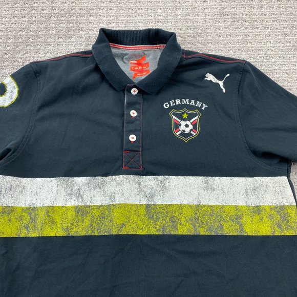 Puma Soccer Germany Polo Shirt Men Large L Black Green White Stripe Casual Sport - Picture 4 of 16